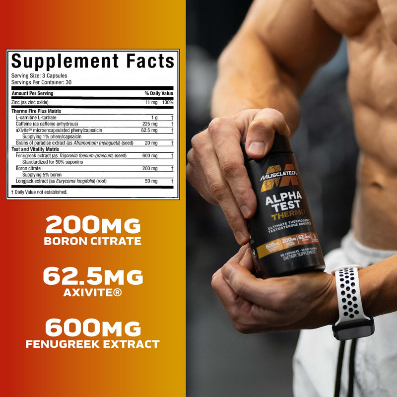 [Australia] - MuscleTech Thermogenic Testosterone Booster for Men, AlphaTest Thermo - T-Boost Mens Supplement with Tribulus Terrestris - Male Gym Workout Supplements for Muscle Growth, Stamina & Energy - 90 Pills 
