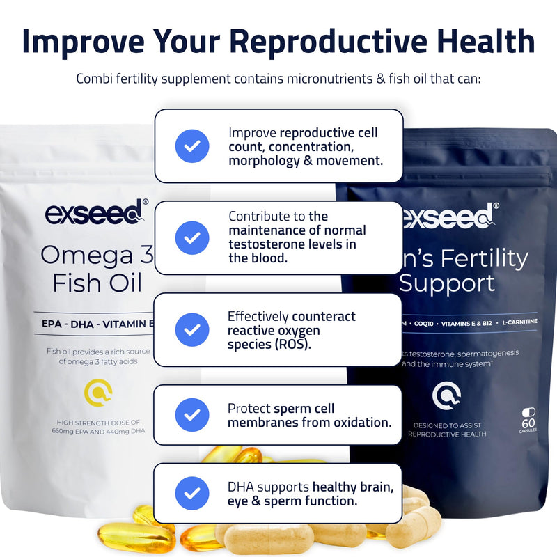 Health - Men's Fertility Combi Supplements - Multivitamins (x60 Capsules) - Omega-3 (x60 Capsules) - 1 Month Supply - Fertility Boosting Ingredients - Supports Healthy Conception