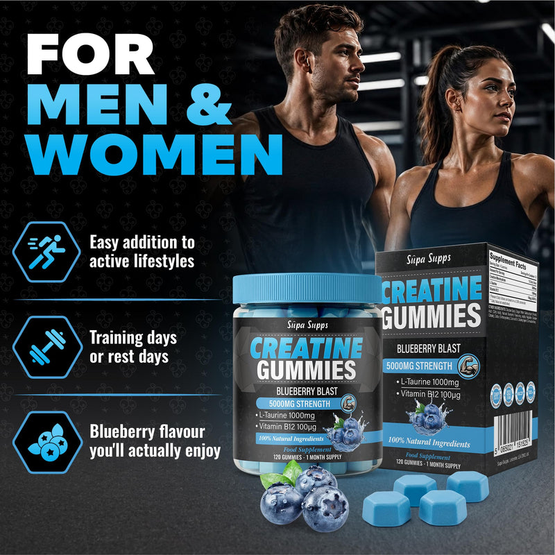 Creatine Gummies Blueberry Flavour, 5000mg Creatine Monohydrate Gummies + L Taurine and Vitamin B12, 120 Count, 30 Day Supply, Gym Training, Strength Performance & Daily Training Fuel for Weight Gain