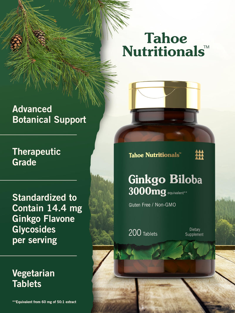 [Australia] - Carlyle Ginkgo Biloba | 3000mg Per Serving | 200 Tablets Extra Strength | Vegetarian | Non-GMO & Gluten Free Supplement | Tahoe Nutritionals 200 Count (Pack of 1) 