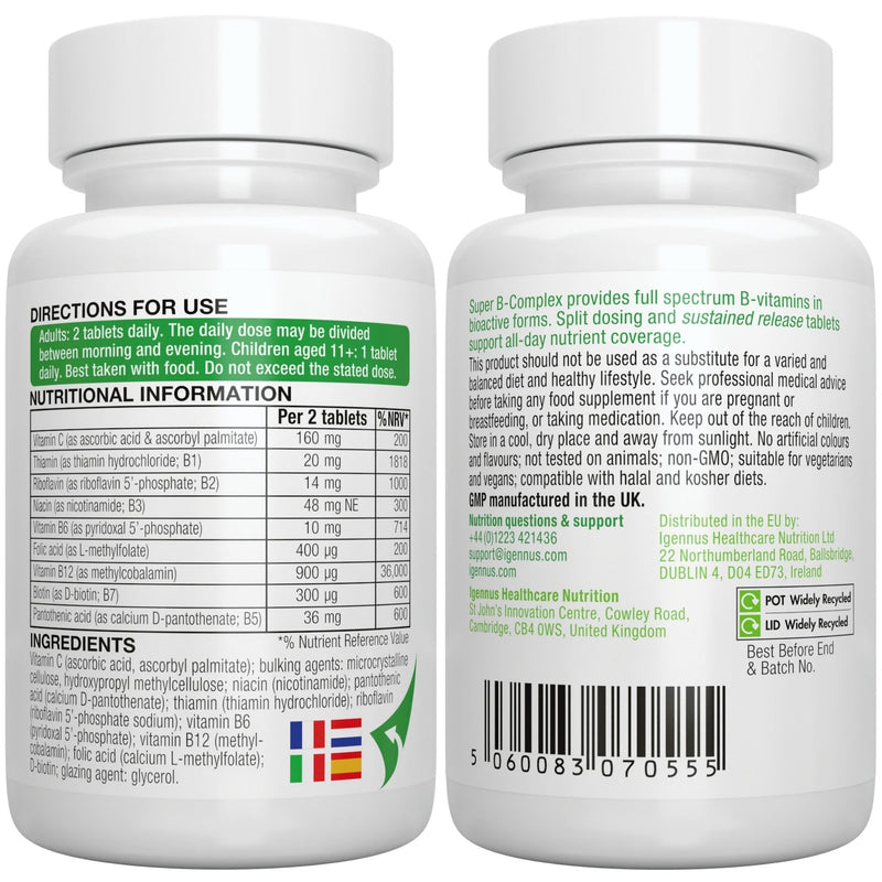 Igennus Super B-Complex - High Absorption Methylated B Vitamins, Clean Label, Sustained Release - Complete Spectrum of B Vitamins with Folate, Boosted B12 & Vitamin C, 60 Tablets 60 count (Pack of 1) Tablet