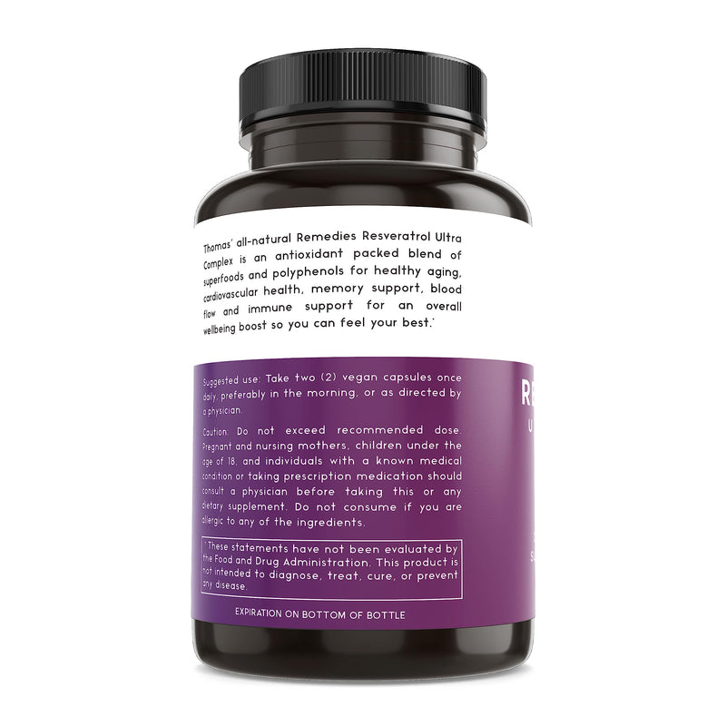 [Australia] - Thomas' all-natural Remedies Resveratrol 1600mg Organic Trans-Resveratrol Antioxidant Supplement with Organic Grape Seed Extract and Quercetin- Anti-Aging and Cardiovascular Support- 120 Capsules 