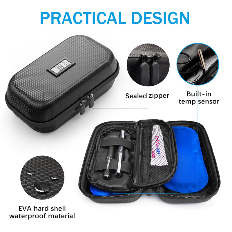 [Australia] - 24h Insulin Cooler Travel Case TSA Approved, Refrigerated Medicine Travel Case with Temperature Display, Diabetes Travel Case with Wrist Strap & 2 Reusable Ice Packs, Gift For Daily and Trip Black 