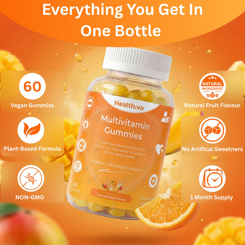 Multivitamin Gummies Women & Men, 60 Vegan Gummies, Sugar Free | Adult Multivitamin Gummies, 15-in-1 Multivitamins and Minerals, Chewable, Multi Vitamin Gummies Mango Flavour, 1 Month Supply