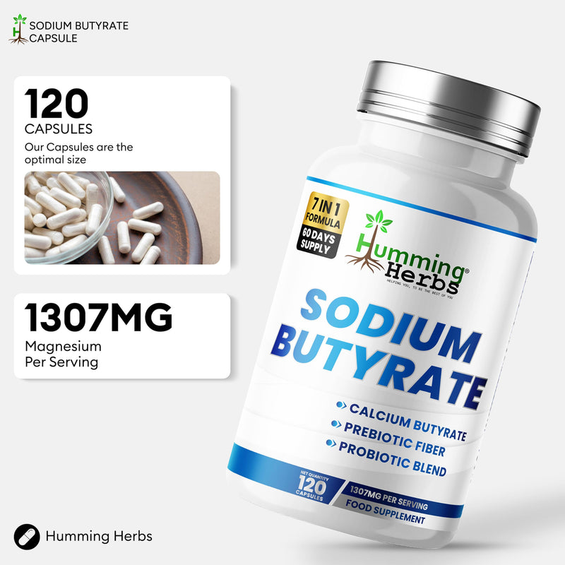 Humming Herbs Sodium Butyrate Supplement 120 caps with Calcium Butyrate, Inulin FOS, Zinc,Vitamin D3 and 10 Billion CFU Probiotics