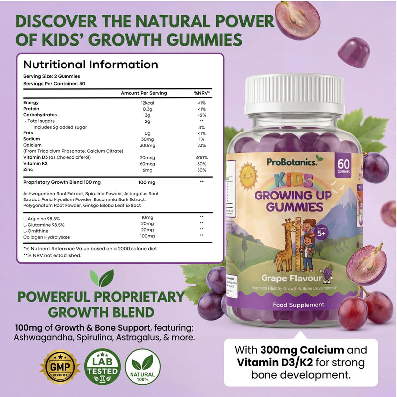 Kids Growth Gummies – Calcium, Vitamin D3 & K2 for Normal Bone Growth & Development in Children | 60 Vegan Grape Chews with Zinc, Astragalus & Collagen | Growing-Up Multivitamin, Ages 5+