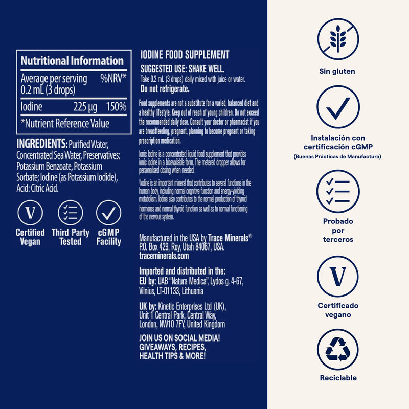 Trace Minerals | Ionic Iodine from Potassium Iodide | Supports Hormone Production, Nervous System Function, Skin Health, & Immunity | Non- GMO, Vegan, Gluten Free | 59 ml, 225 mcg per Serving