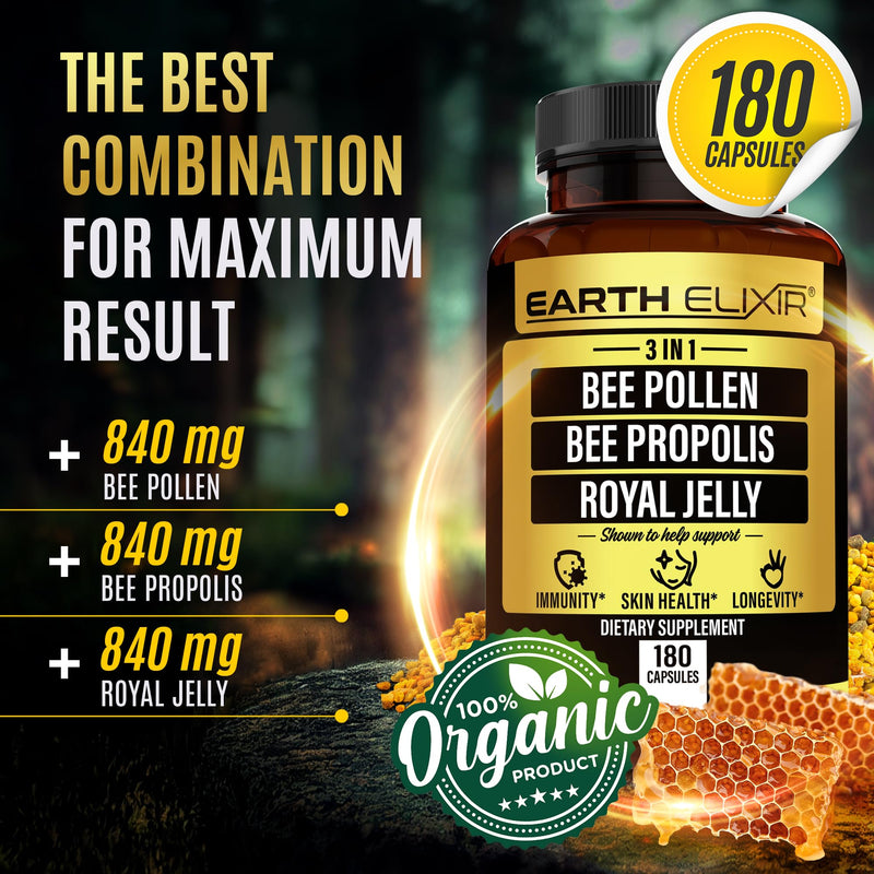 [Australia] - 3-in-1 Bee Pollen Organic 840mg (180 Caps) W/ 840mg Bee Propolis Capsule & 840mg Royal Jelly Capsule - 3rd Party Tested - Bee Pollen Supplement - Organic Bee Pollen Capsule -No Fillers 