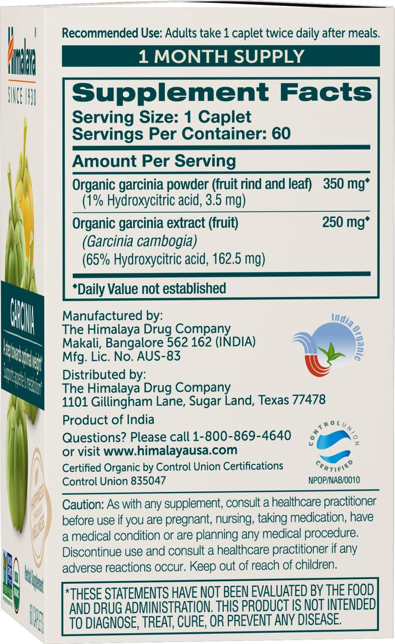 [Australia] - Himalaya Organic Garcinia Cambogia - Herbal Supplement Supporting Weight, Appetite Control, and Lipid Metabolism - Vegan, Non-GMO, Gluten Free, 600 mg, 60 Caplets 60 Count (Pack of 1) 