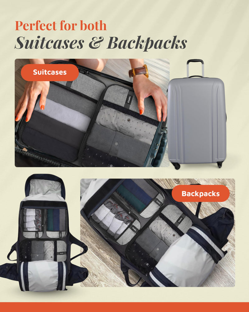 TRIPPED Travel Gear Space Saving Compression Packing Cubes 6-Piece Set | Premium Travel Organizers with Laundry and Shoe Bags for Suitcase and Carry-On Luggage, Reinforced Zippers and Mesh Panels Grey Mesh - 6 Piece