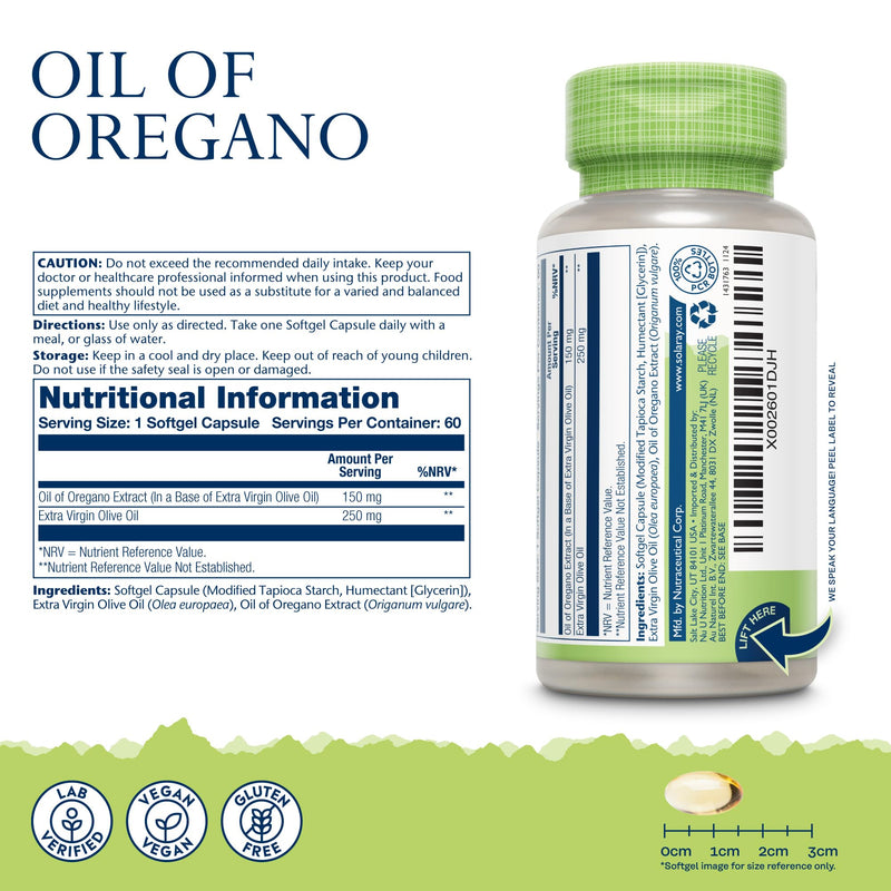 Solaray Oil of Oregano 150mg - 60 Vegan Softgels - Natural Source of Omega 3 & 6 Fatty Acids - High Strength Supplement with Extra Virgin Olive Oil for Gentle Digestion - Lab Verified