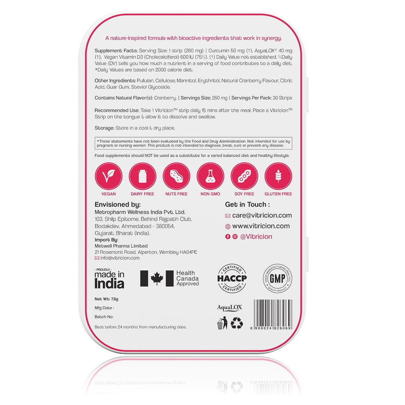 Vitricion Joint Health Oral Strips | 30 Oral Strips | Curcumin, Vitamin D3, AquaLOX | Supports Joint Comfort & Flexibility | Cranberry Flavour | Fast Dissolving Supplement Strips, No Water Needed Pack of 1 (30 Oral Strips)