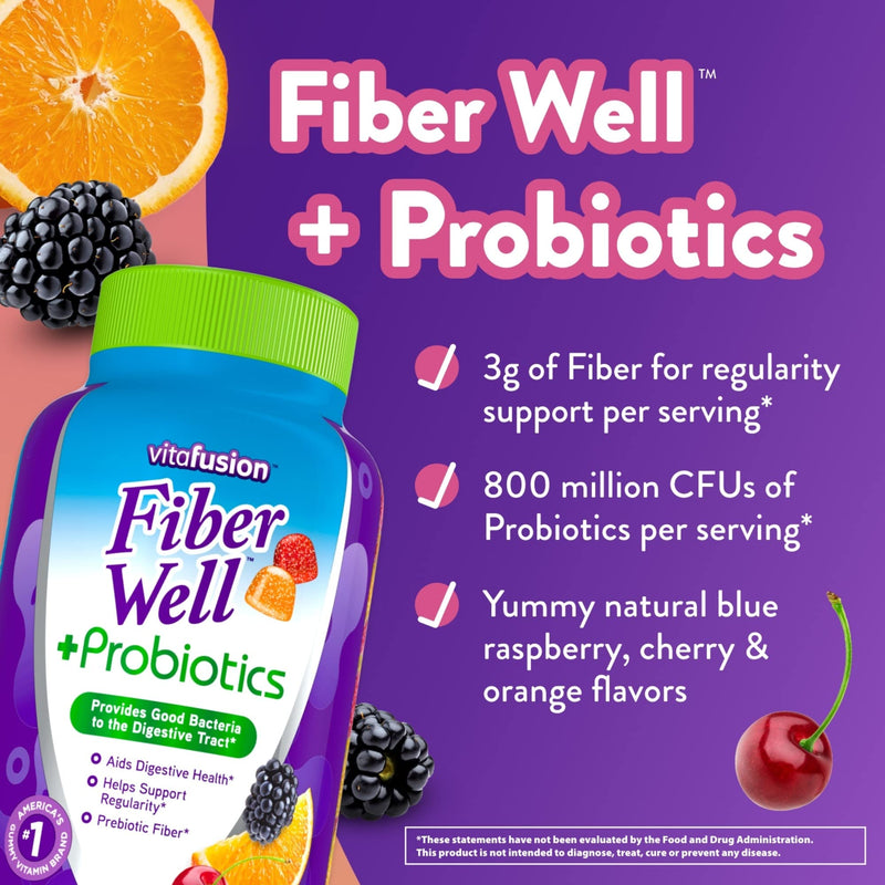 Vitafusion Fiber Well + Probiotics Gummies for Adults, 60 Count Vitamin D3 Gummy Vitamins, Peach, BlackBerry and Strawberry Flavored, 50 mcg Vitamin D, 150 Count Nutritional Supplement+ Vitamin D3 Gummy