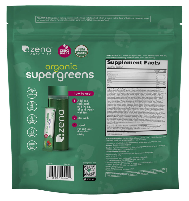 [Australia] - Zena Nutrition Organic Super Greens Powder, 70+ Superfoods, 0 Sugar, 3G Fiber, Spirulina, Chlorella, Antioxidants, Prebiotics/Probiotics, Digestive Enzymes, Mixed Berry, 30 Drink Mix Packets 30 Servings (Pack of 30) 