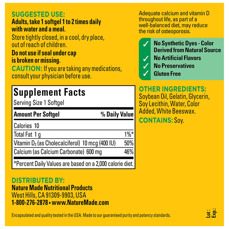 [Australia] - Nature Made Calcium 600 mg with Vitamin D3, Dietary Supplement for Bone Support, 100 Softgels 