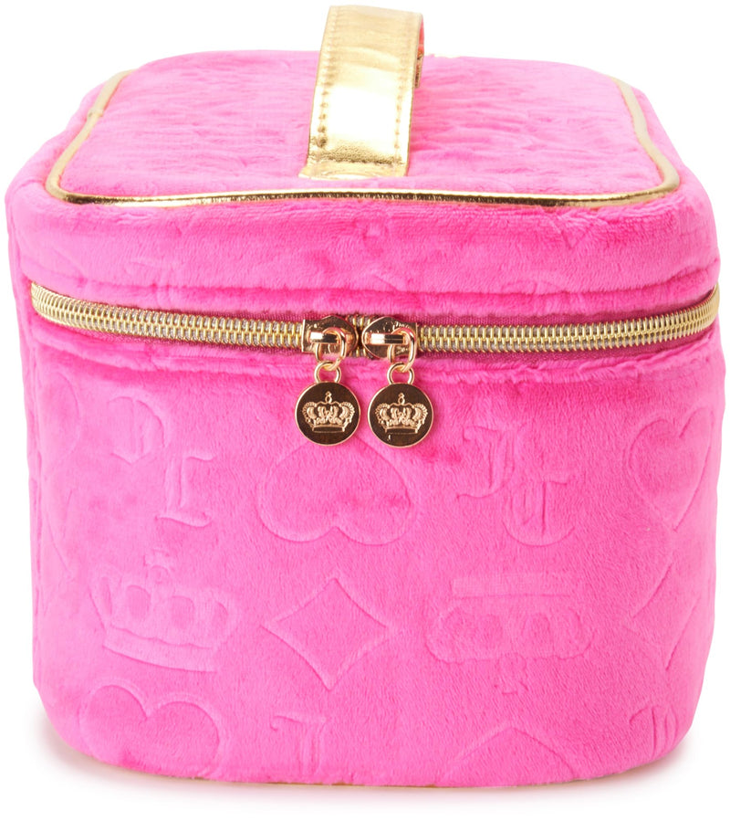 Juicy Couture Hot Pink Makeup Bag Cosmetics Organizer Travel Essentials Train Case Velour Heart Crown