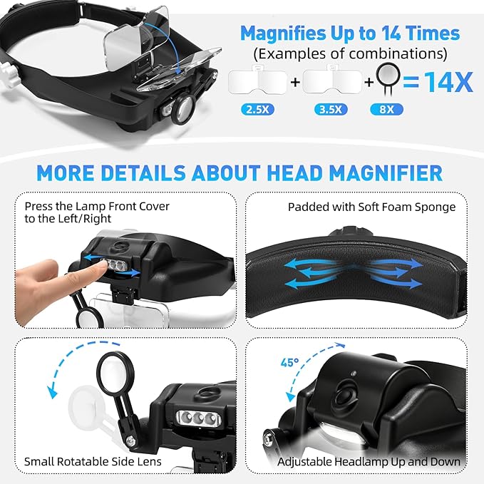 Beileshi Head Mounted Magnifier,1x-6x,8X Head Magnifying Glass with LED Light with Cold and Warm Light Source, Professional Jeweler's Loupe Light