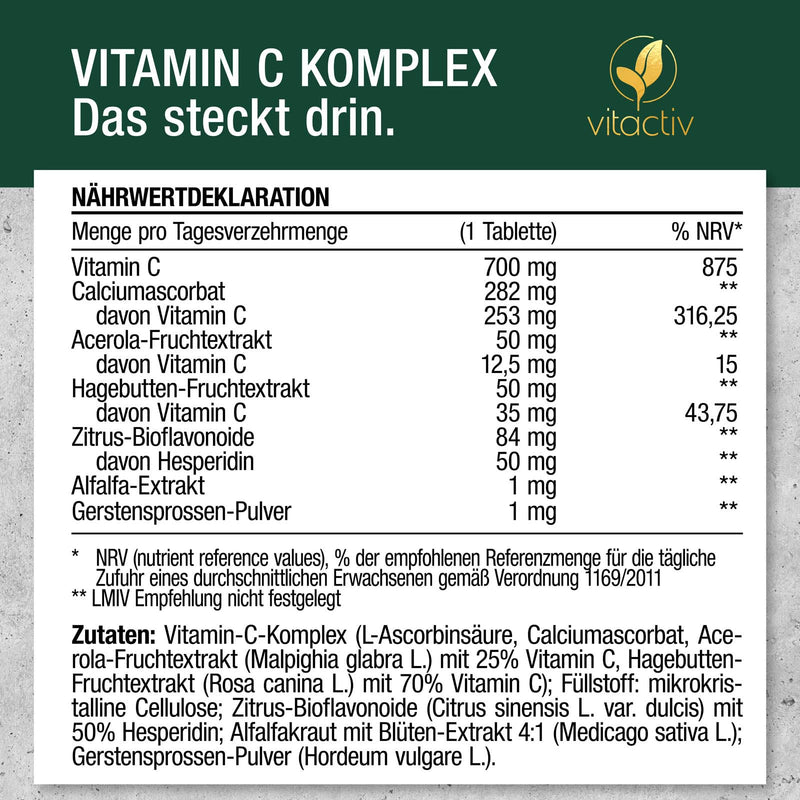 [Australia] - VITACTIV Vitamin C Complex + Acerola - Vitamin C High Dose 1000mg & Time Released - Vitamins from Acerola Cherry, Rose Hip, Alfalfa plus Citrus Bioflavonoids - Laboratory Tested, Vegan, 100 Tablets 