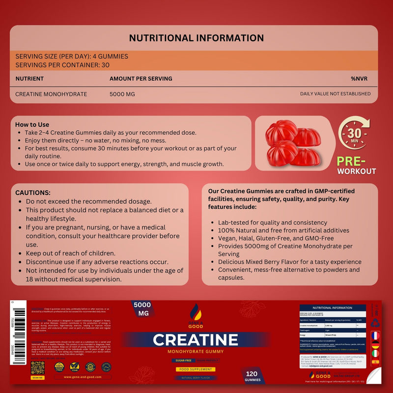 Gene & Good® Creatine Monohydrate Gummies 5000mg- 120 Gummy - Mixed Berry Flavor - Pre-Workout Creatine Gummies for Men & Women - Vegan, Halal, Gluten-Free (Pack of 1)