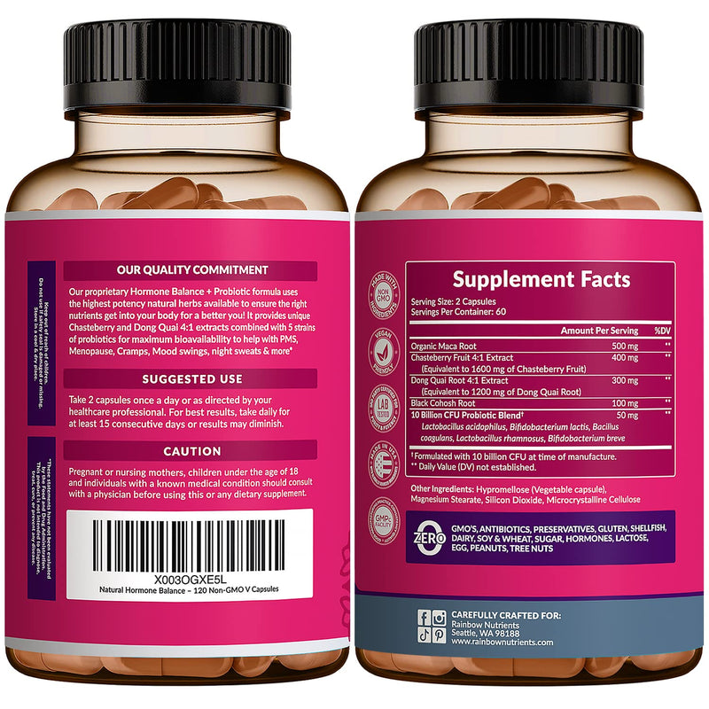 [Australia] - Hormone Balance + Probiotics for Women- Natural Menopause Relief, Weight Management, Bloating, Hot Flashes, PMS | Organic Maca, Chasteberry, Dong Quai & Black Cohosh | Non GMO |120 V Capsules 1 