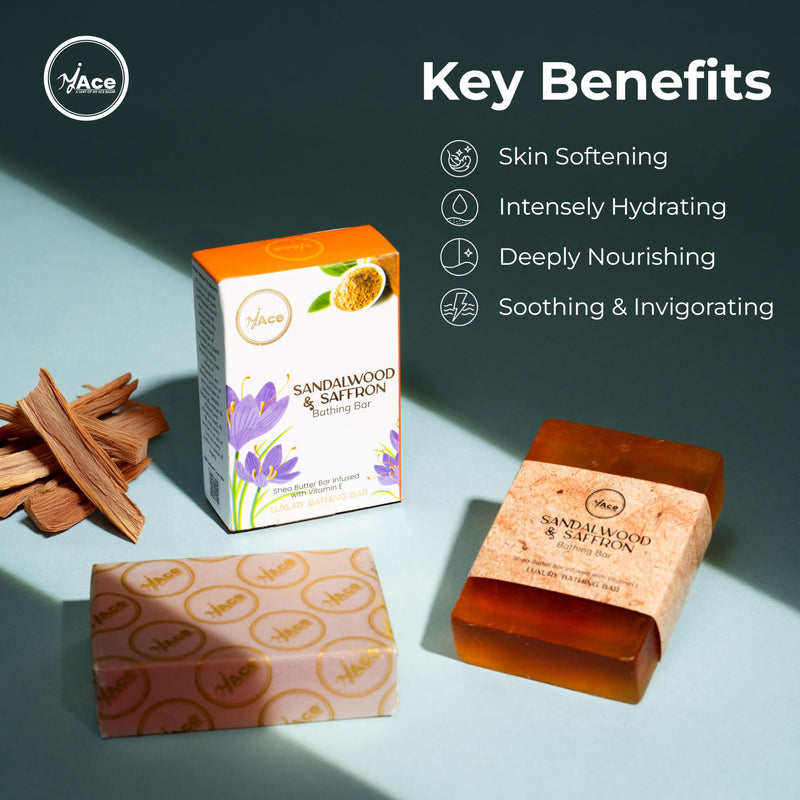 MY ACE Sandalwood & Saffron Bathing Bar Soap - Handmade with Essential Oil, Coconut Oil, Natural Shea Butter, Vitamin E for Skin Cleansing, Moisturizing - SLES Free - For Face, Hair, Body Wash - 3.5Oz 3.52 Ounce (Pack of 1)