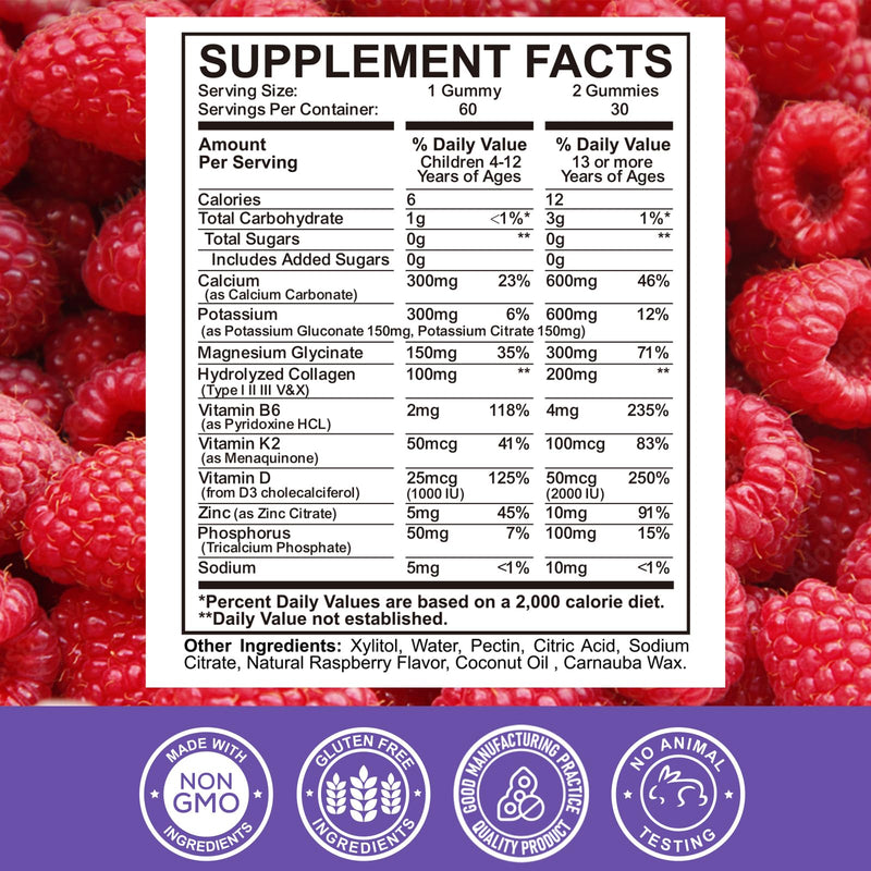 Calcium Potassium Magnesium Gummies for Kids & Adults, with Hydrolyzed Collagen, Zinc, Phosphorus, Multivitamin for Sleep, Bone Strength, Density Support, Sugar Free,Raspberry 60 Gummies Raspberry 60 Count (Pack of 1)