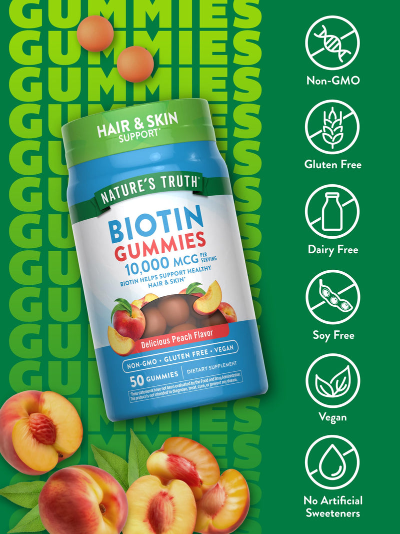 Nature's Truth Biotin Gummies | 10000mcg | 50 Count | Vegan, Non-GMO & Gluten Free Supplement | Peach Flavor 50 Count (Pack of 1)