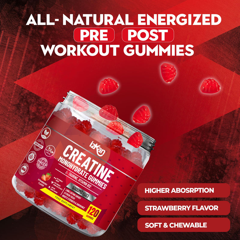 Creatine Gummies 5000mg (5G) for Men & Women - 120 Chewable Creatine Monohydrate Gummies Strawberry Flavoured | Pre Workout Gym Supplement| Muscle Boost| 4 Per Day - Vegan & Halal (1X) 1x 120 count (Pack of 1)