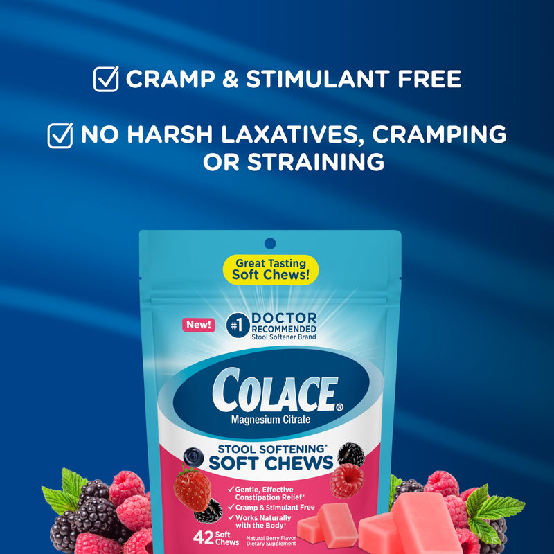 [Australia] - Colace Stool Softener Soft Chews, Gentle Constipation Relief, No.1 Doctor Recommended Stool Softener Brand, 42 Mixed Berry Chews (Pack of 2) 42 Count (Pack of 2) 