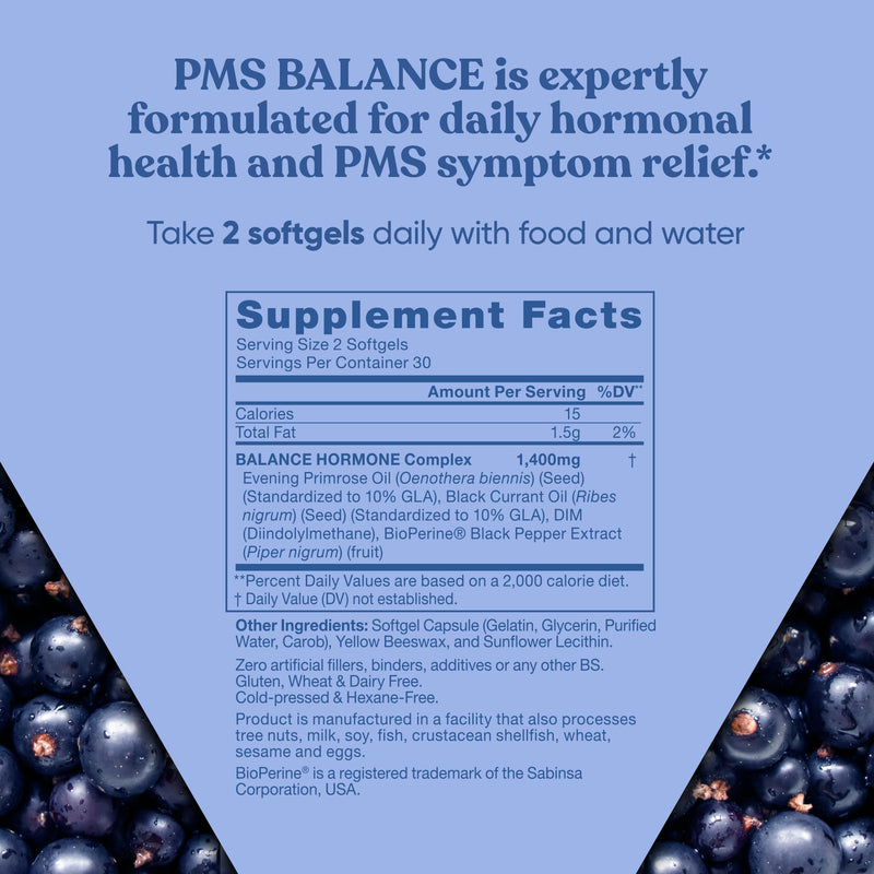 [Australia] - Balance PMS Vitamins for Women - Hormone Balance for Women, Menstrual & PMS Relief - Bloating, Cramping, Mood Swings, Restlessness, Clear Skin - Primrose Oil, Black Seed Oil & DIM - 60 Liquid Softgels 