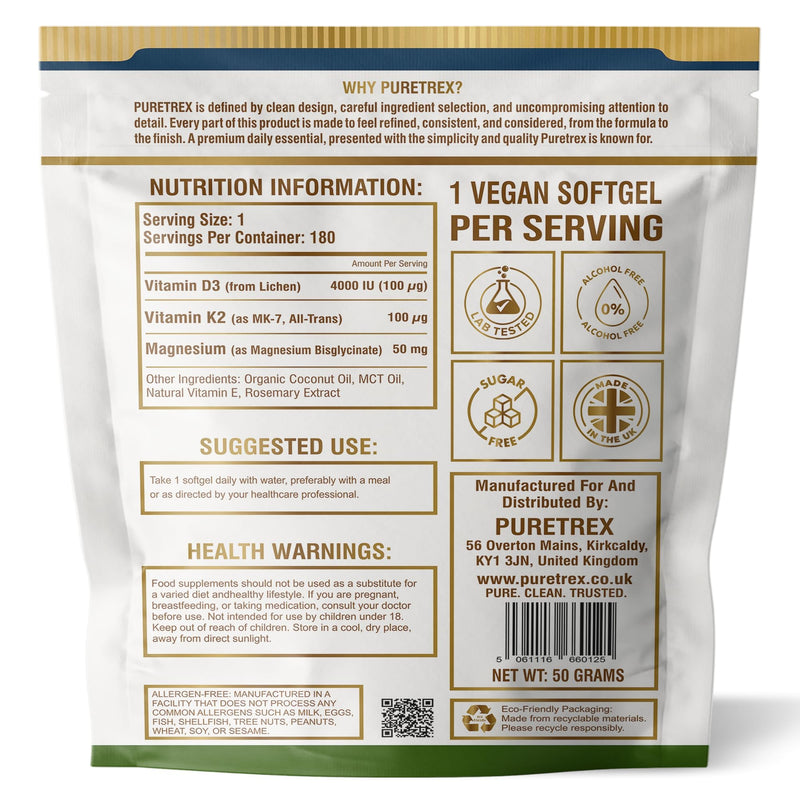 Puretrex Vegan Vitamin D3 K2 Magnesium 180 Softgels Made in UK – 4000IU Vitamin D (Lichen) with K2 MK7 100µg and Magnesium Bisglycinate, Immune Bone Support, Coconut MCT High Absorption Formula