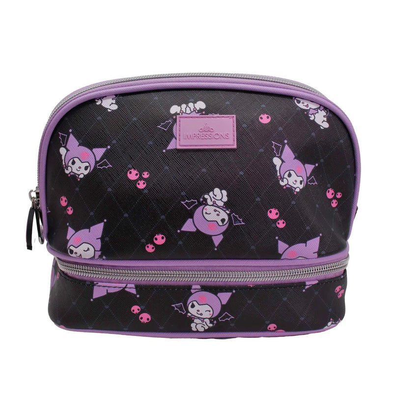Impressions Vanity Kuromi Bundle Double Layer Travel Makeup Organizer Bag with Slip Pocket and Bottom Compartment, LED Compact Mirror with 3X Magnification, Adjustable Brightness with Figural Design