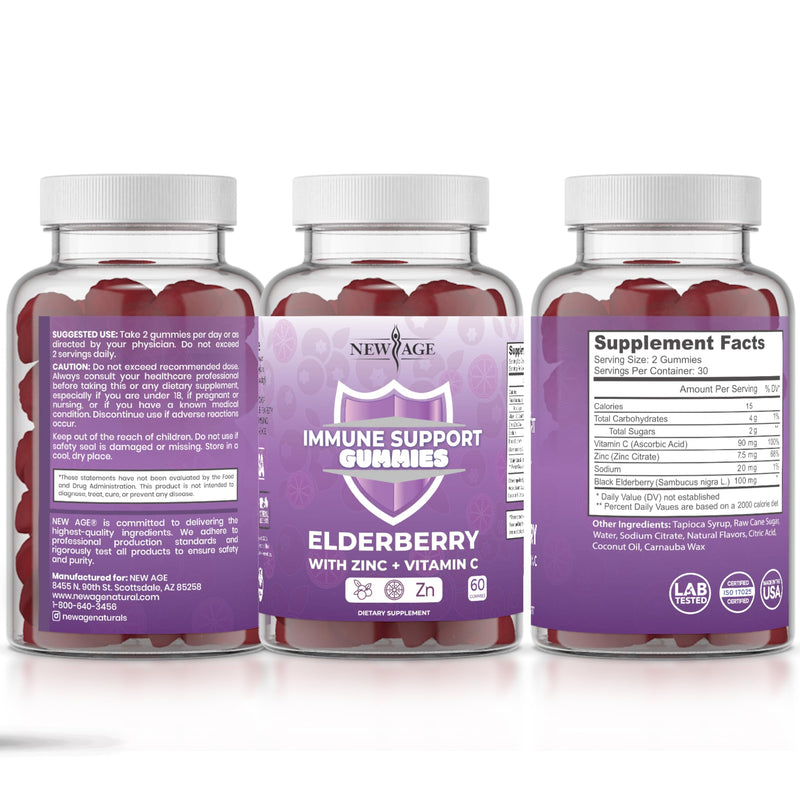 NEW AGE Immune System Support Gummies - Sambucus Black Elderberry Gummies with Vitamin C and Zinc (180 Count (Pack of 3)) 180 Gummies (Pack of 3)