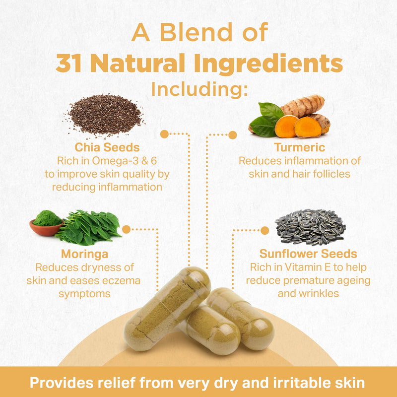 Strength & Spices Psoriasis Relief Skin Care Supplements, Immune System Booster with 31 Powerful Ingredients and Amino Acids, Soothes Red, Flaky Skin, 1000 mg, 60 Vegan Capsules, Refill Paper Bag