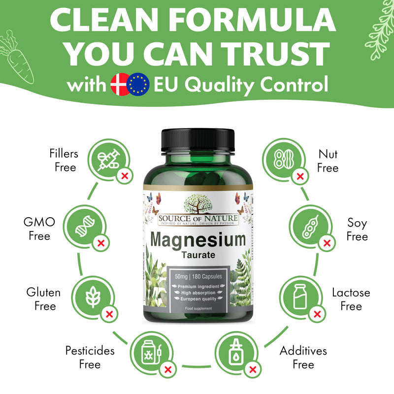 Source of Nature® | Magnesium Taurate 625mg | 180 Capsules | 45-Day Supply | 50mg Elemental | High Absorption | Gentle on Stomach | Lab-Tested Purity