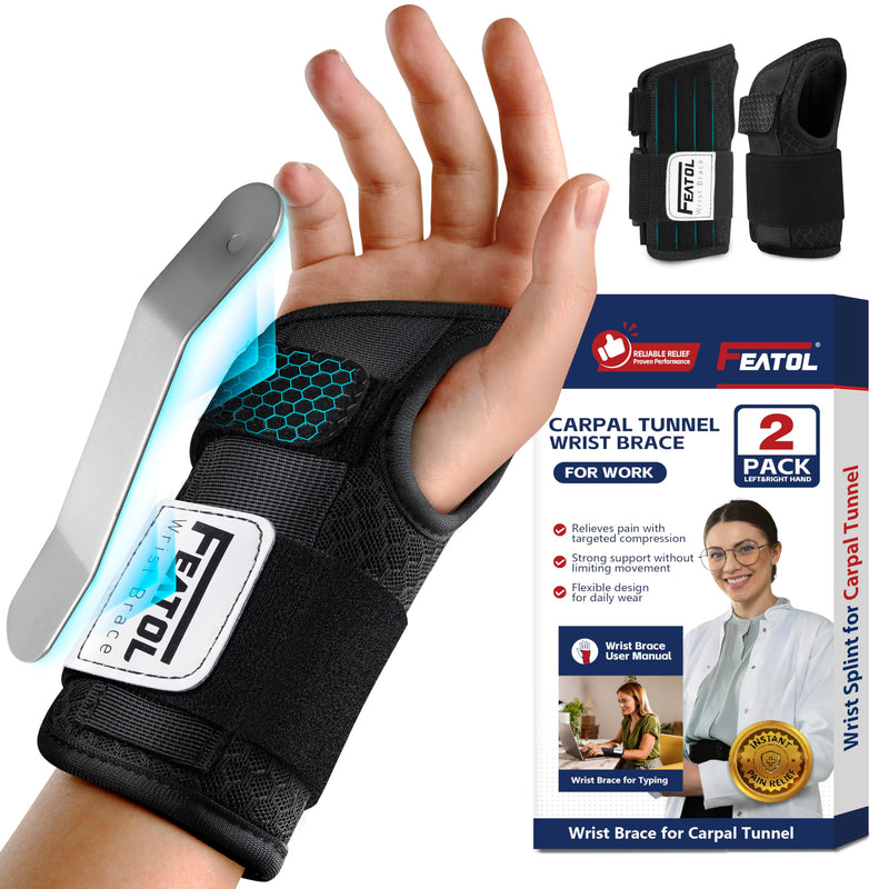 FEATOL 2 Pack Carpal Tunnel Wrist Brace For Work With Wrist Splint, 6.5'' Hand Brace Night Support For Women Men, Pain Relief For Tendonitis, Arthritis, Pregnancy, Typing, Right and Left Hand, Large 2 Pack (R and L)-Black.