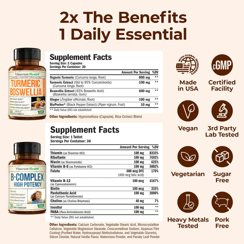 Boswellia Turmeric Curcumin Supplement + Vitamin B Complex with Vitamin B12, Niacin, Vitamin B2, Vitamin B6 Bundle – Supports Joint Health & Aids Mood, Energy – with Ginger Root, Organic Turmeric