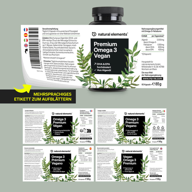 [Australia] - Premium Omega 3 Vegan - 60 capsules - 2000mg algae oil, 800mg DHA and 400mg EPA per daily dose - Omega-3 for vegans - high dosage, without unnecessary additives - produced in Germany & laboratory tested 