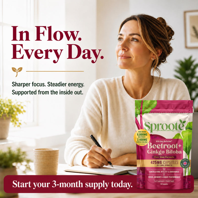 Flow State Formula | Beetroot & Ginkgo Biloba Capsules | Brain & Circulation Support | Dual 20:1 High Strength Extract | Caffeine Free | 90 Vegan Capsules