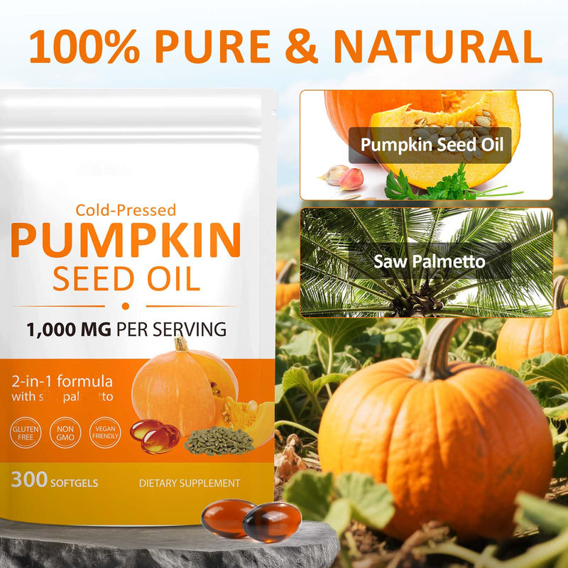 300PCS Pumpkins Seed Oil Capsules, 2 Pack Pumpkin&Seed Oil 2 in 1 for Hair Growth, Cold Pressed, Supports Hair, Heart, Skin Supplement,Pumpkins Seed Extract Powder