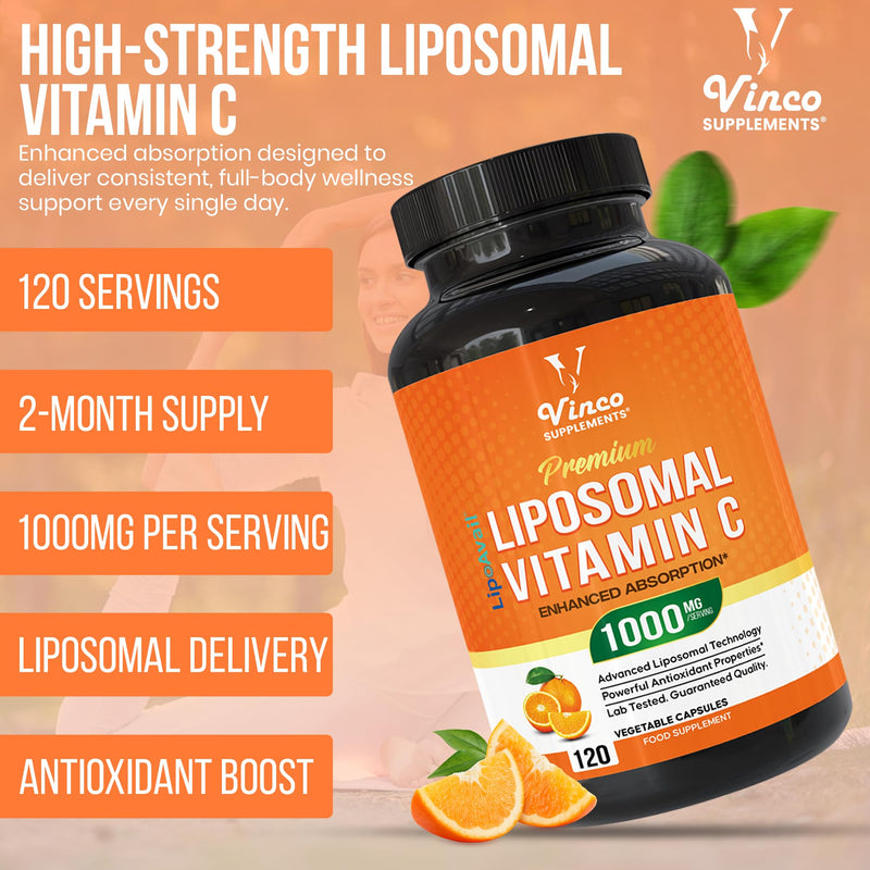 Vinco Liposomal Vitamin C Capsules 1000mg - Advanced Absorption Technology for Daily Wellness Support - Supports Immune Function, Energy Levels & Skin Health - Liposomal VIT C - 120 Vegan Capsules