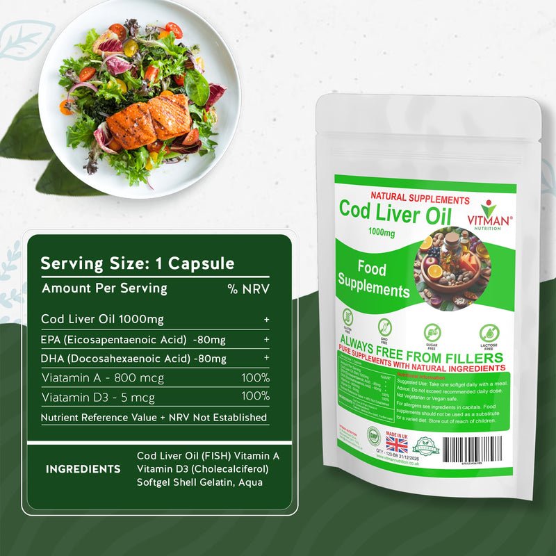 Cod Liver Oil 1000mg 60 Softgels - High Strength Omega-3 EPA & DHA - Pure Fish Oil with Vitamins A & D - Supports Heart, Brain, Vision & Immune Health - Gluten & Additive-Free