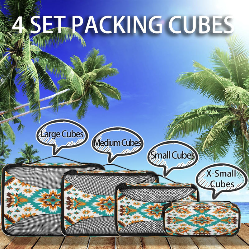 Packing Cubes for Travel Accessories with Double Zipper and Mesh Top 4 Piece Waterproof Western Boho Aztec Suitcase Luggage Organizer Bags for Clothes Shoes Cosmetics