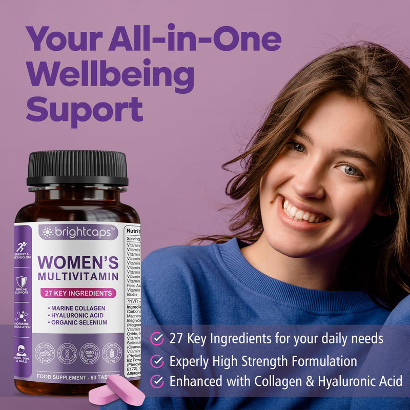 Women's Multivitamins and Minerals Enhanced with Collagen & Hyaluronic Acid - 27 Key Essential Ingredients Immune System & Health Support | 60 Tablets | Gluten Free