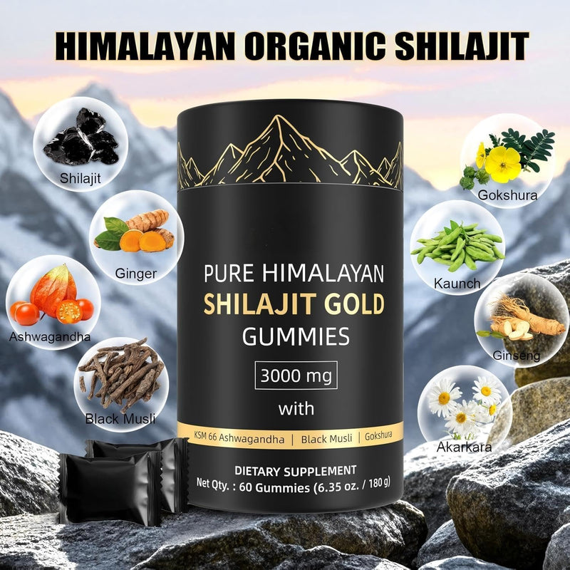 Shilajit Gummies for Men & Women - 3000mg Gold Standard Pure Himalayan Complex with Fulvic Acid, 85+ Trace Minerals & Energy Boost & Immune Support - Vegan & Gluten Free - 60 Gummies