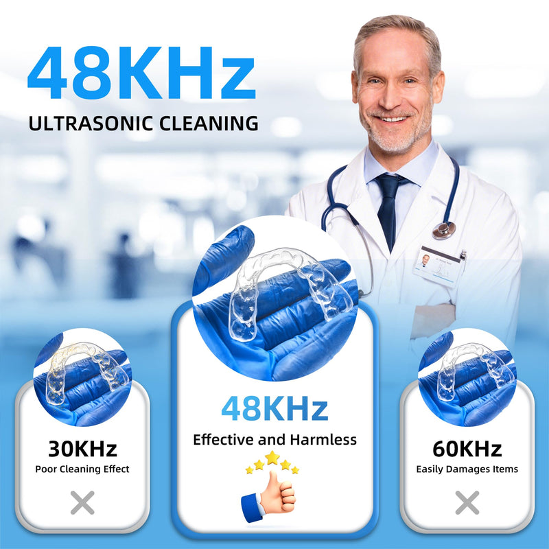 [Australia] - Ultrasonic Retainer Cleaner Machine, 48KHz Dental Cleaning Pod for Denture, Mouth Guard, Aligner, Night Guard, Braces, Toothbrush Heads, Jewelry with Digital Timer & 6 Modes, 13oz Capacity, White 