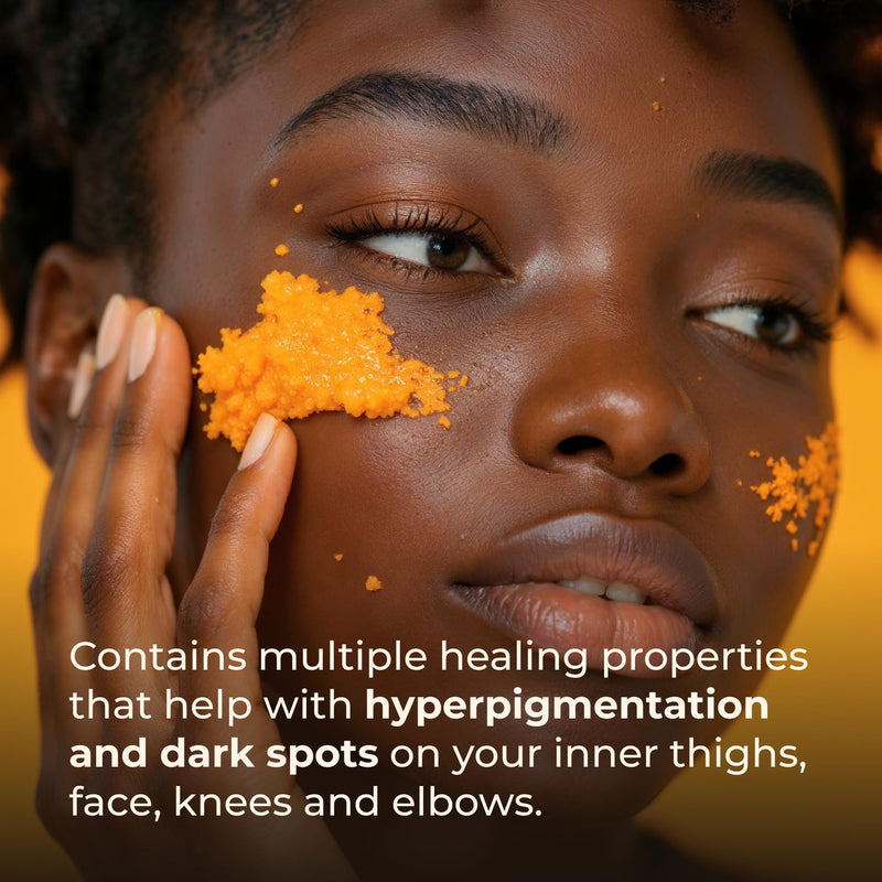 Glo Melanin Turmeric Brightening Scrub for Dark Spots [4 oz] | Includes Jojoba Oil - Sea Salt & Vitamin E, Brightening for Inner Thighs - Bikini Area - Underarms, Natural, Exfoliating 7 Ounce (Pack of 1)