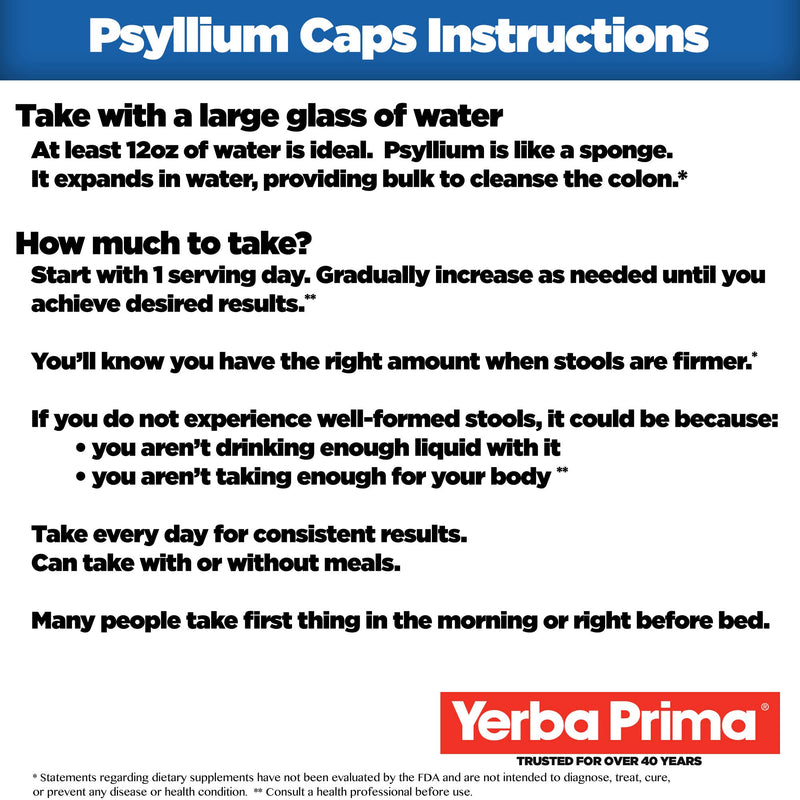 [Australia] - Yerba Prima Psyllium Husks, 180 Veg Capsules (625mg) - Vegan, Non-GMO, Gluten Free, Colon Cleanser, Daily Fiber Supplement for Gut Health & Regularity 180 Count (Pack of 1) 