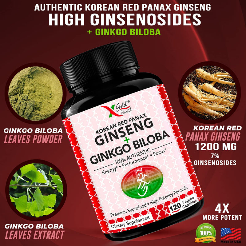 [Australia] - Korean Red Panax Ginseng 1200mg + Ginkgo Biloba -120 Vegan Capsules - High Ginsenosides Extra Strength Root Extract Powder Supplement for Energy, Performance & Focus Pills for Men & Women 120 Count (Pack of 1) 