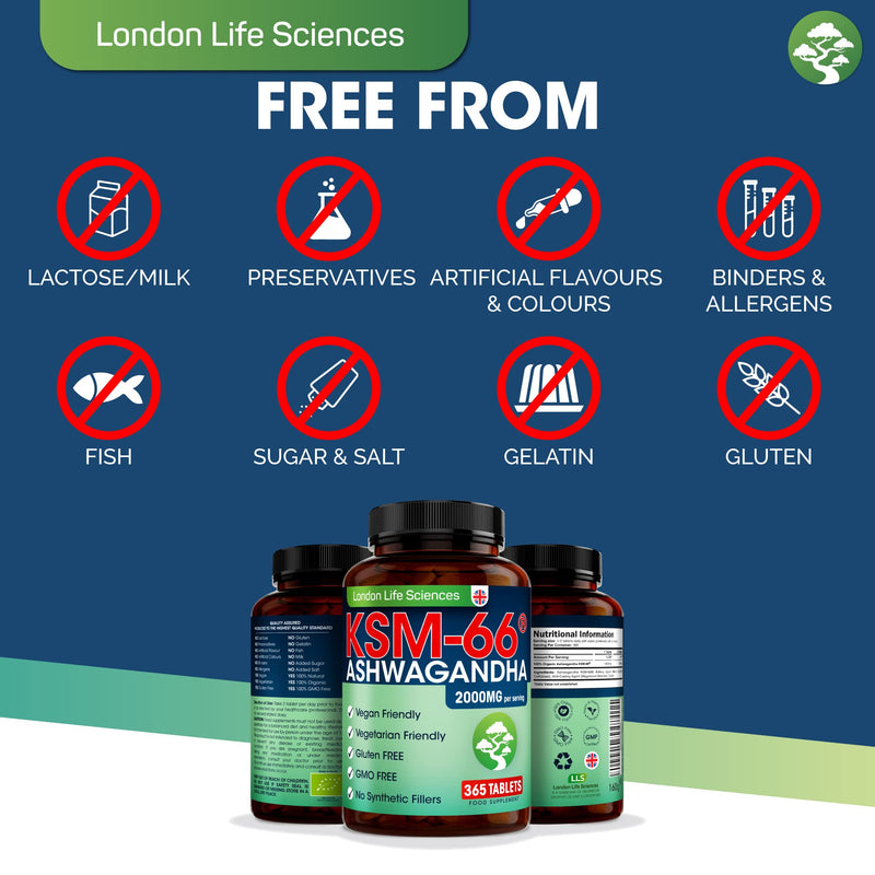365 Tablets KSM-66 Ashwagandha 2000mg +5 Percent Withanolides Highest Concentration Vegan Organic Root Extract UK Supplier London 365 count (Pack of 1)